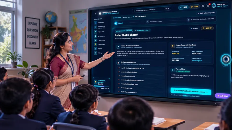A teacher presents the mission overview for “India, That Is Bharat” on the classroom screen, with its learning objectives.