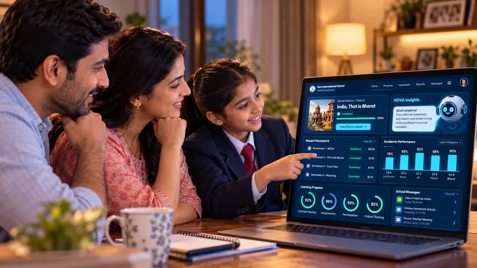 Parents and their daughter smile at the parent dashboard on a laptop: the completed chapter, homework marks, progress and school messages.
