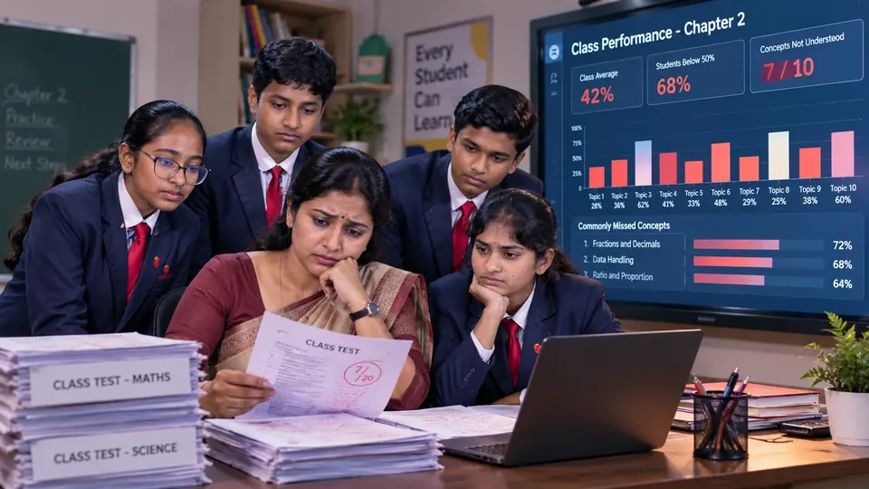 A worried teacher and students look over a marked class test beside stacks of papers and a chart of missed topics.