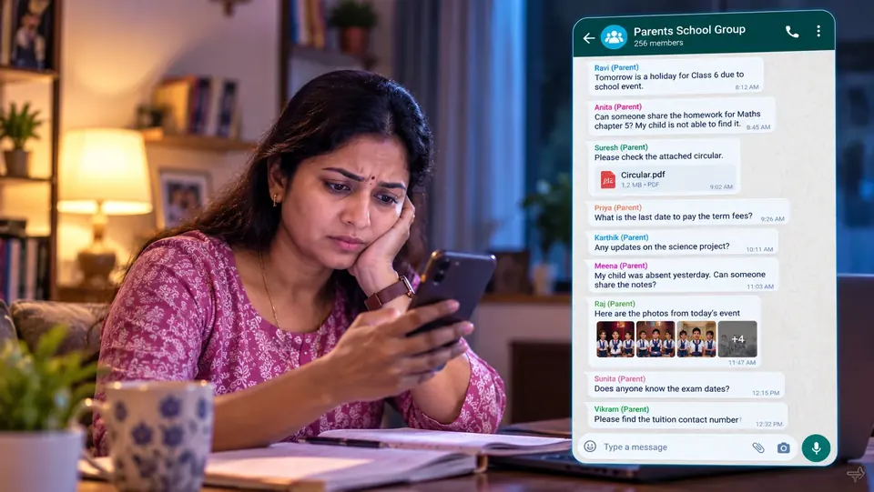 A mother scrolls a busy parents’ group chat on her phone, looking for one school update.