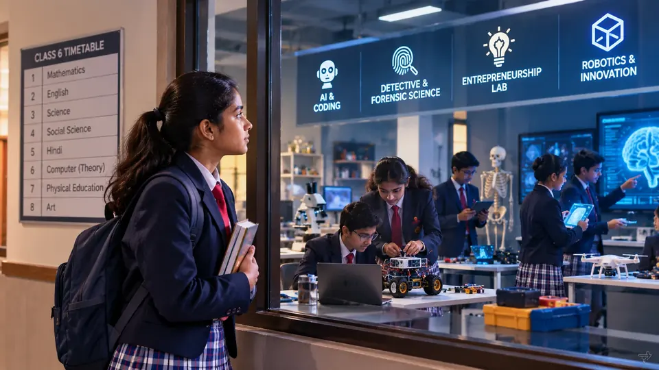 A student holding her timetable looks through a glass wall into a lab where others build robots and code.