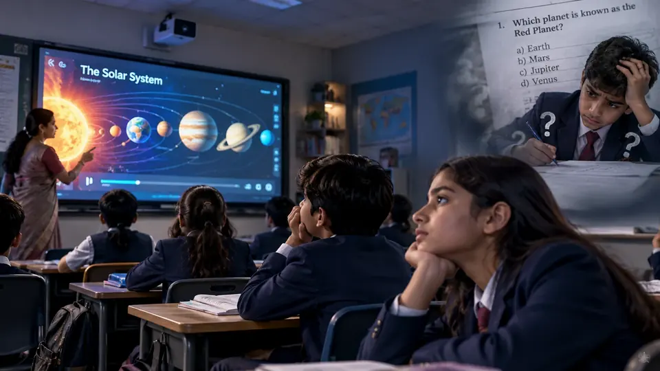 A class watches a solar-system video on a smart board; later a student struggles to remember which planet is the Red Planet.
