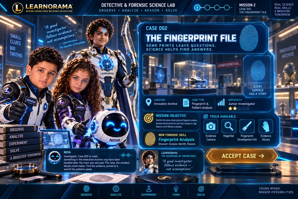 The Fingerprint File, a case briefing screen from the Detective and Forensic Science Lab