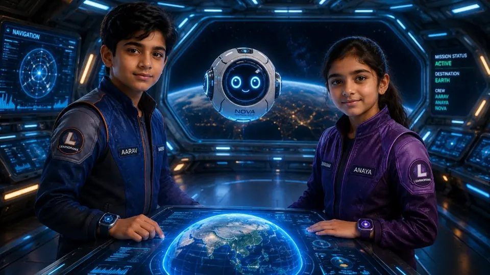 Learnorama explorers with NOVA at a mission console